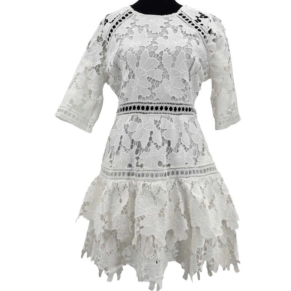 Just Me Dress Medium White Floral Crochet Tiered Boho Revival Ethereal Angelic